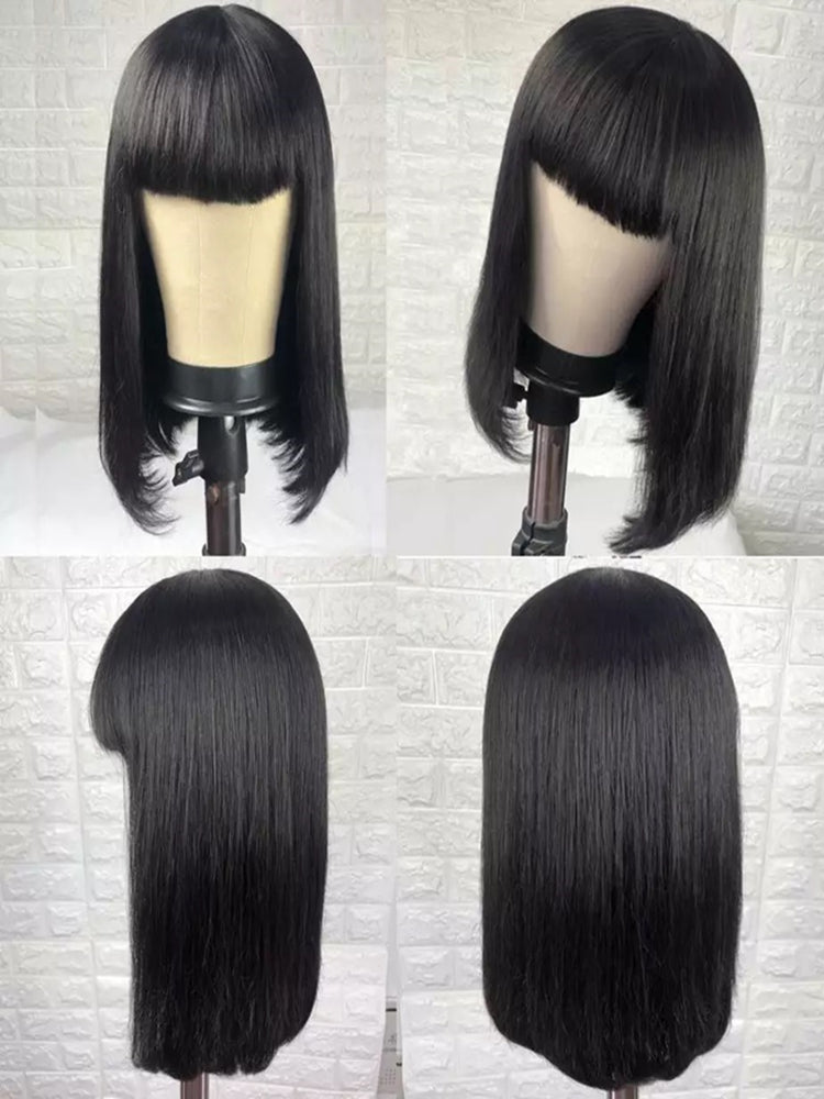 Brazilian Straight Black 100 Real Hair 30Inch Long Bangs Wig